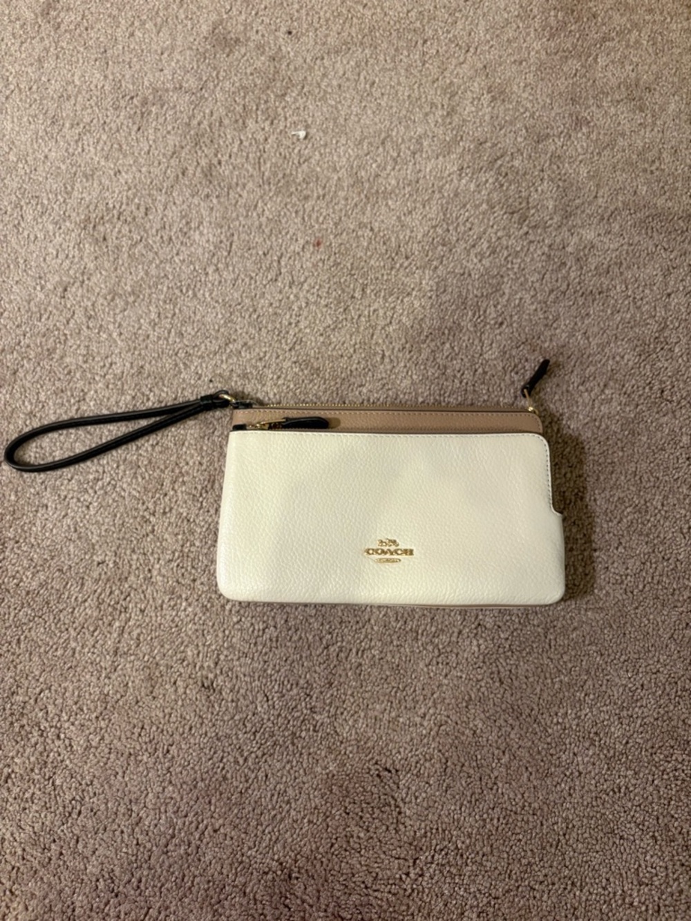 Coach Two-Tone Leather Wristlet - Cream & Taupe with Black Strap